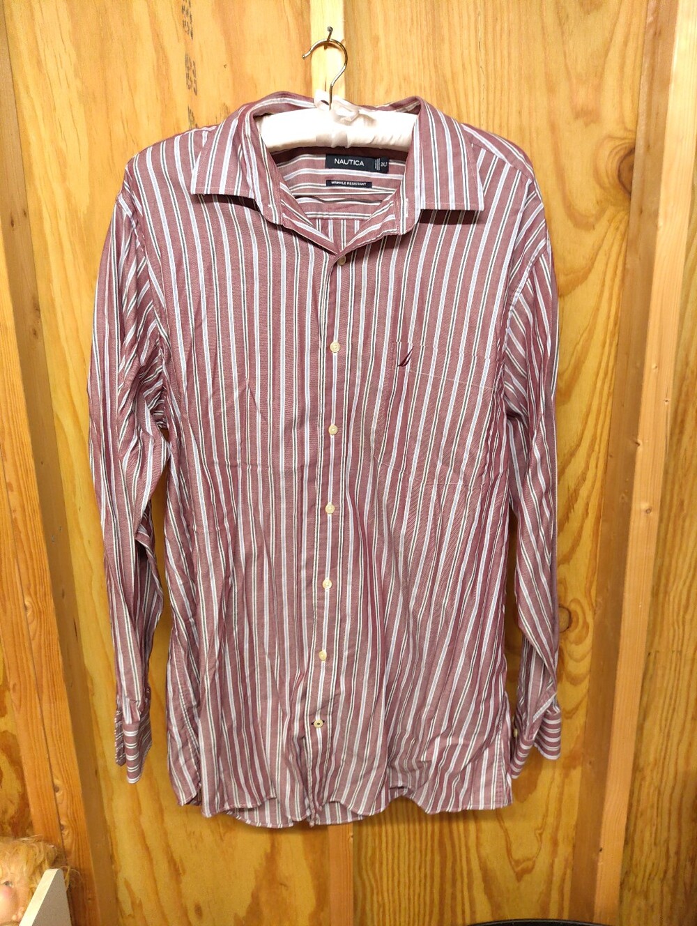 Nautica Shirt Mens 2XLT Burgundy Red Striped Long Sleeve Wrinkle Resistant Cotto